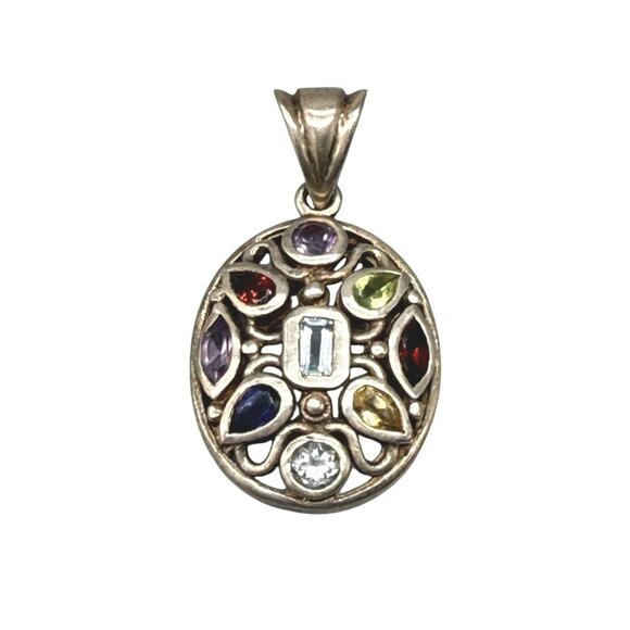 Oval Sterling Silver Pendant With Multi-Color Gemstone Accents & Open Filigree D - Picture 1 of 5